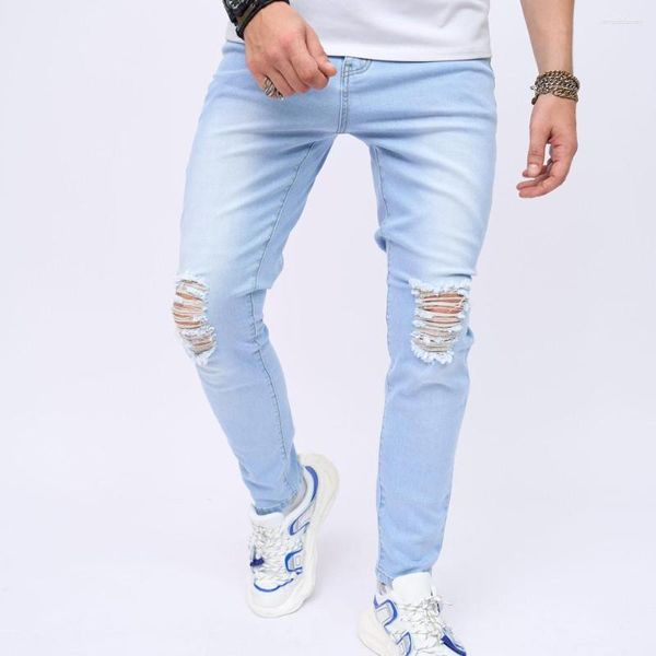 Erkek kot pantolon sokak kıyafeti şık yırtık ince kalem pantolonlar hip hop erkek delikleri gündelik denim pantolon