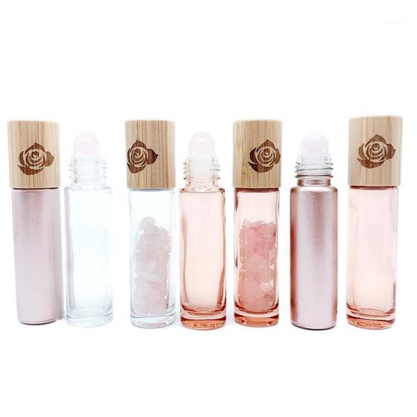 Botellas de almacenamiento Frascos Botella de rodillo de cuarzo rosa Aceite esencial de vidrio rosa Patrón de tapa de bambú natural Piedra preciosa de cristal 10pcs213b