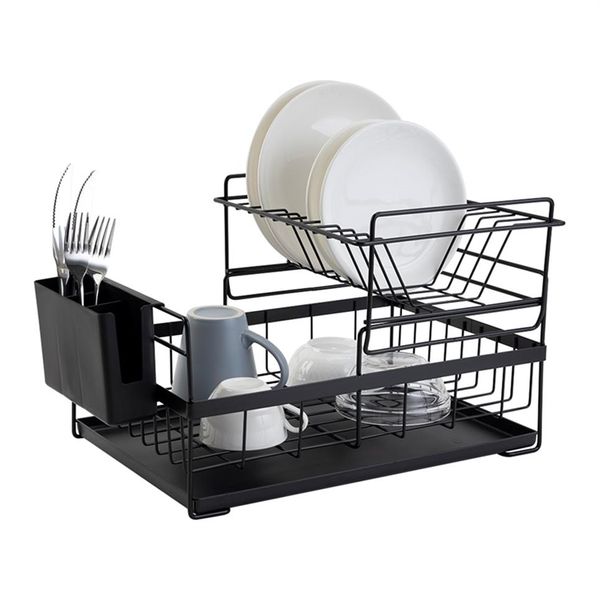 Prateleira para secar pratos com escorredor para serviço leve cozinha bancada organizador de utensílios armazenamento para casa preto branco 2 camadas 21090202y