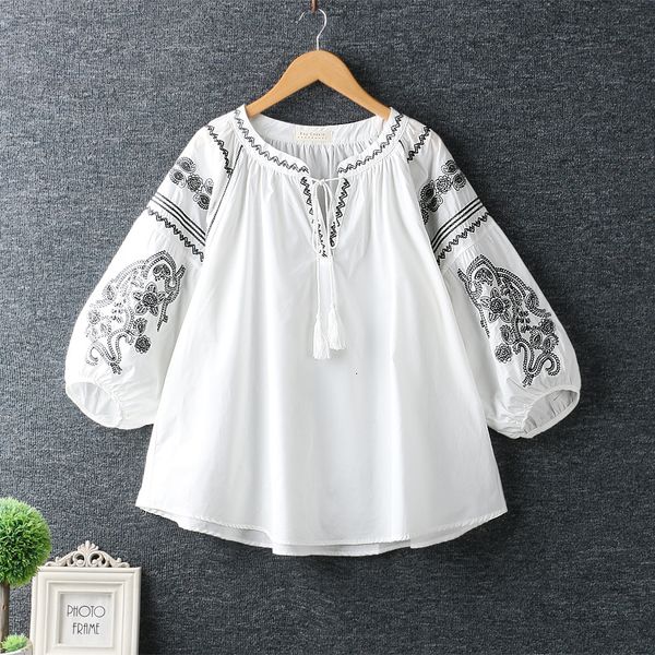 Blusas Femininas Camisas Femininas Verão Étnico Vintage México Estilo Boho Um Decote Lanterna Manga Solta Bordado Blusa com Rendas Blusa Camisa Tops Feminina 230726