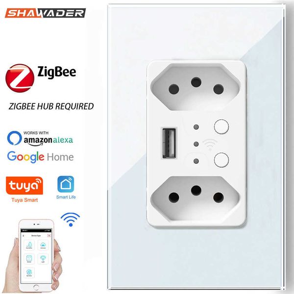 Smart Power Plugs Smart ZigBee Brazilian Wall Socket USB Electric Brazil Plug Outlets PC Glass Panel Remote von Tuya Alexa Home Hub erforderlich HKD230727