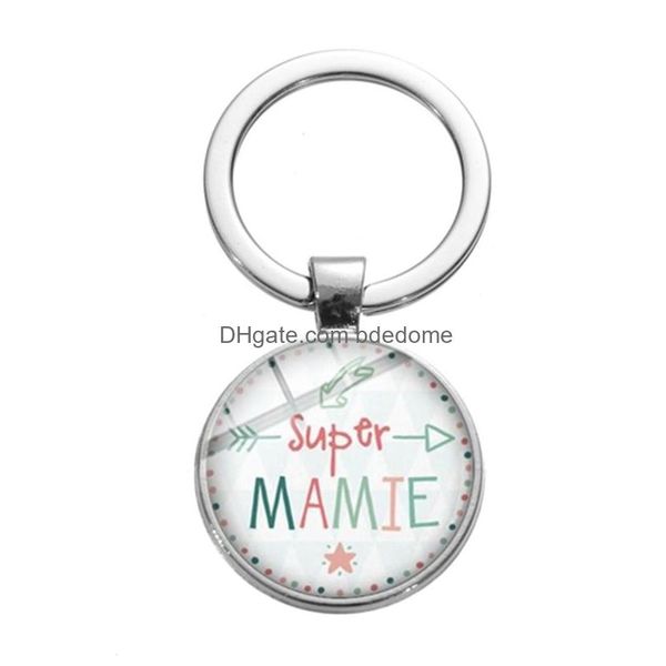 Schlüsselanhänger Lanyards Charm Super Mamie Schlüsselanhänger Je Suis Une Papy Buchstabenmuster Glas Metall Schlüsselanhänger Oma Opa Schmuck Geschenk Drop Dhsuq