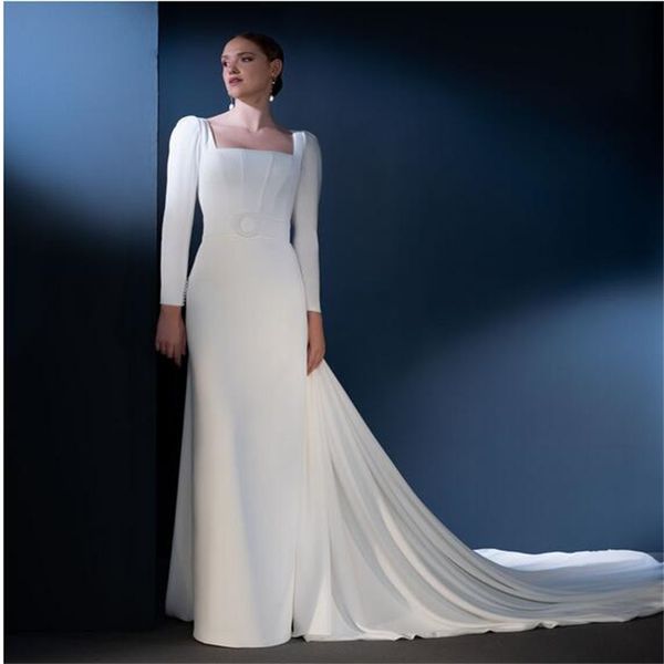 Белые линии винтажные свадебные платья плюс размер Женщина -невеста для свадебных свадебных платьев мусульманские длинные рукава простые свадебные платья