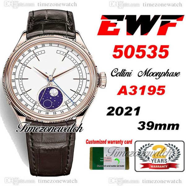 Relógio Masculino EWF Cellini Moonphase 50535 A3195 Automático Rosa Ouro Branco Mostrador Real Meteorito Marrom Couro Super Edição Mesma Série 256K