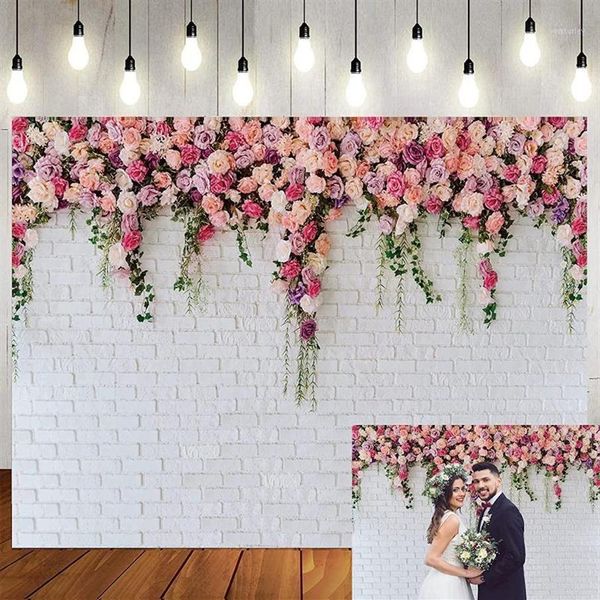 Decoração de festa Fundo de parede de tijolo branco Flores cor de rosa Panos de fundo Meninas Aniversário Chá de panela Cerimônia de aniversário Deco243A