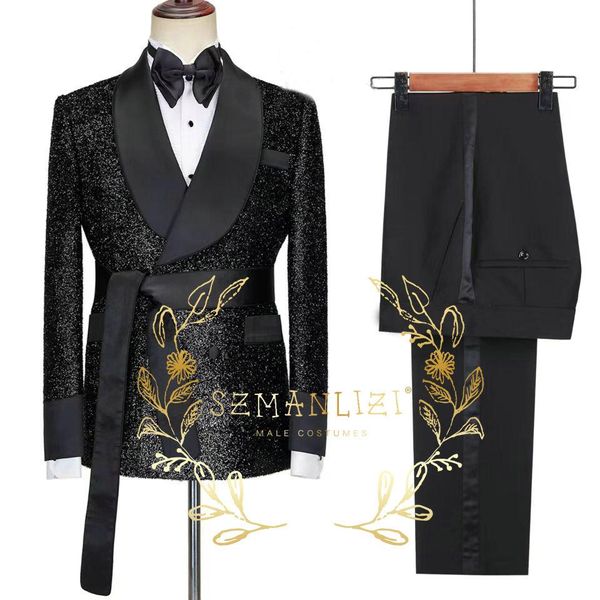 Футболка 2023, блестящий черный смокинг жениха на заказ, двубортный мужской костюм для выпускного, свадебной вечеринки, мужские костюмы, костюм (куртка + брюки + пояс)
