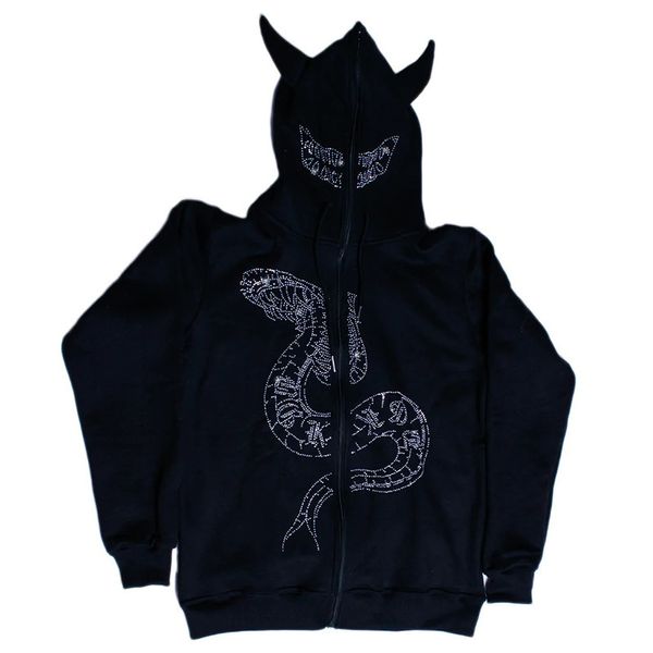 Mens Hoodies Moletons Casual Jaqueta Solta Diamante Manga Longa Com Capuz Cardigan Único Personalidade Suéter Halloween Ferocious Horn Top 230727