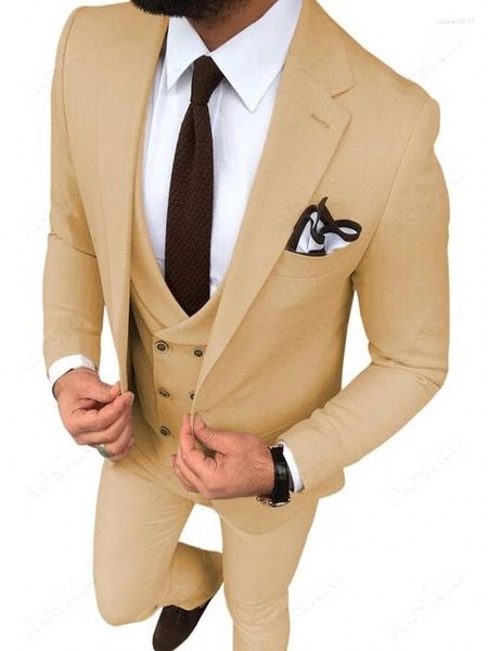 Ternos masculinos feitos sob medida para homens, champanhe, smoking, lapela, padrinhos, 3 peças, conjunto de casamento (jaqueta, calça, colete, gravata) D288