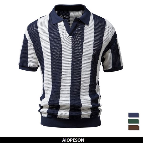 Polo da uomo AIOPESON 100% cotone Scava fuori Polo da uomo Manica corta Scollo a V lavorato a maglia Polo sexy per uomo Estate 230727