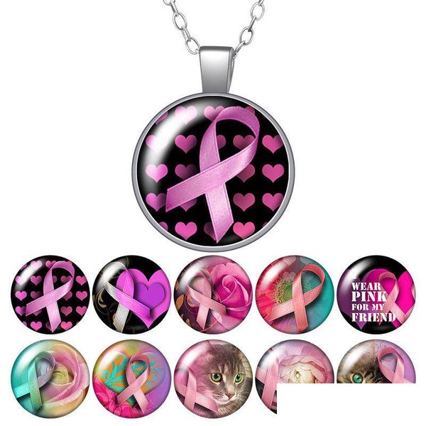Подвесные ожерелья розовая лента профилактика рака молочной железы Круглое ожерелье 25 мм стеклянное кабохон Sier Color Crystal Jewelry Женщины подарок 50 см D Dhzlb