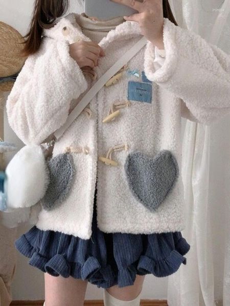 Damenjacken Y2k Ästhetische Winterfrauen Netter Hornknopf Japanische Kawaii Mode Lose Übergroßer Mantel Harajuku Kontrastfarbe