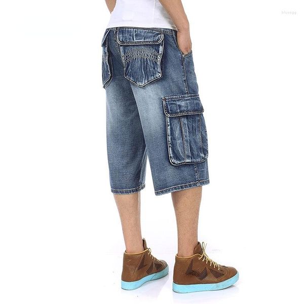 Jeans da uomo Salopette ampia Estate Sciolto Dritto Casual Blu Hip Hop Streetwear Capris