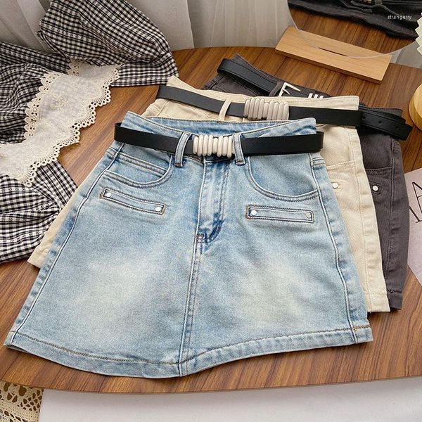 Röcke Frauen Chic Asymmetrische Denim Rock Mit Gürtel Hohe Taille Elegante Koreanische Mode Wrap Sommer A-linie Kurze Kleidung