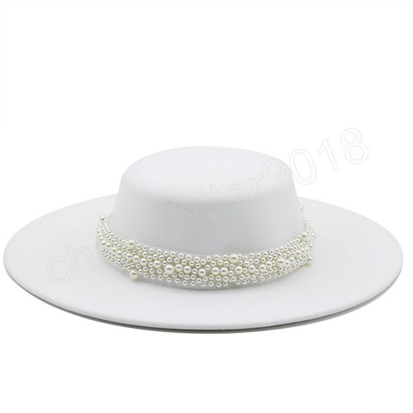 Chapéu Fedora branco estilo francês com corrente de pérolas para mulheres outono primavera chapéu alto para festa de casamento