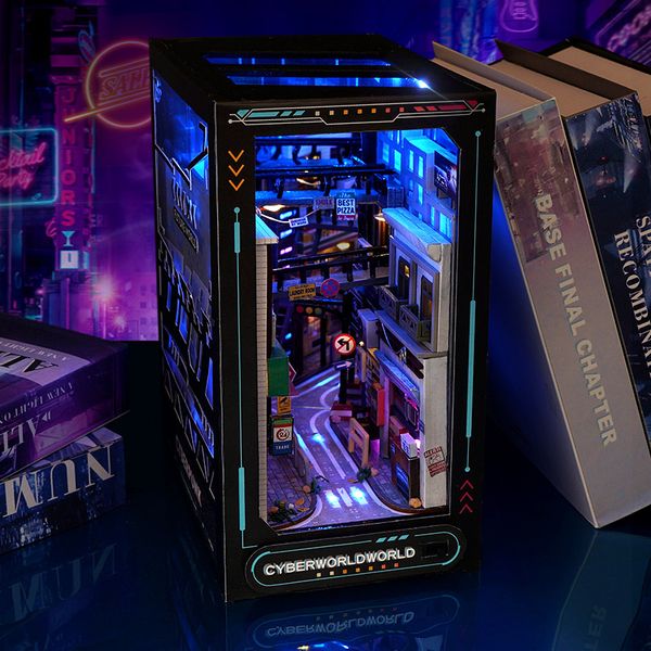 Kits de construção em miniatura para prateleira de livro de madeira faça você mesmo para brincar, kits de construção em miniatura Cyberrpunk World Bookshelf Assembly para adultos, presentes de aniversário 230726