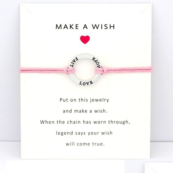 Charm Bracelets Hope Faith Love Best Friend Card Pink Grey Blue Wax Cords Women Men Girl Jóias Presente Drop Delivery Dhn6B
