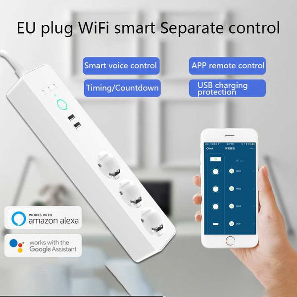 Akıllı Güç Fişleri AB fiş WiFi 3 Akıllı Soket ile Akıllı Güç Şeridi Sarma Koruyucu 2 USB bağlantı noktası Uzatma Kablosu Alexa Assistant HKD230727 ile Çalışma