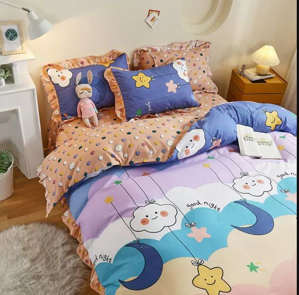 Conjuntos de Lençóis Desenhos Animados Conjunto de Lençóis Princesa Meninas Flounce Roupa de Cama Solteiro Completo Queen Size Capa de Edredom Lençol Plana 2pçs Fronhas Kit B95E 230726