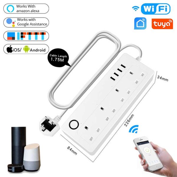 Smart Power Plugs UK Smart Power Strip com 4 tomadas 4 portas USB Tomada inteligente Home Office WiFi Controle remoto por voz Power Strip sem fio via Alexa HKD230727