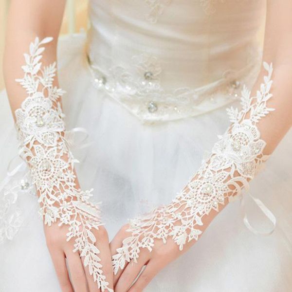 Appliques in pizzo perle guanti da sposa bianca lunghezza lunghezza lunghezza senza dita guanti da matrimonio eleganti guanti da sposa