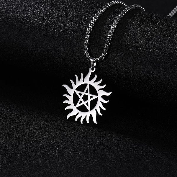 Kolye Kolye Paslanmaz Çelik Parlayan Güneş Pentagram Kolye Supernatural Dean Beyan Men304a için Kutu Zinciri Takı