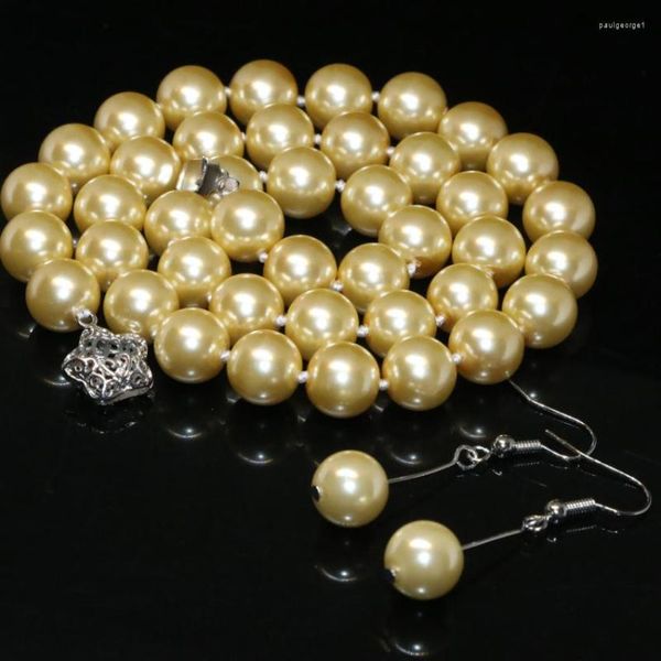 Conjunto de colar de brincos amarelo claro 10 mm concha de pérola simulada feminino elegante preço de atacado joias 18 polegadas B2332