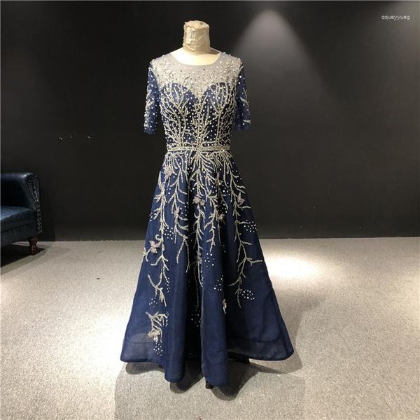 Vestidos de Festa Imagens Reais Luxuoso Azul Marinho Contas Pesadas Mangas Curtas Até O Chão Ocasiões Formais Dança Mãe Noite