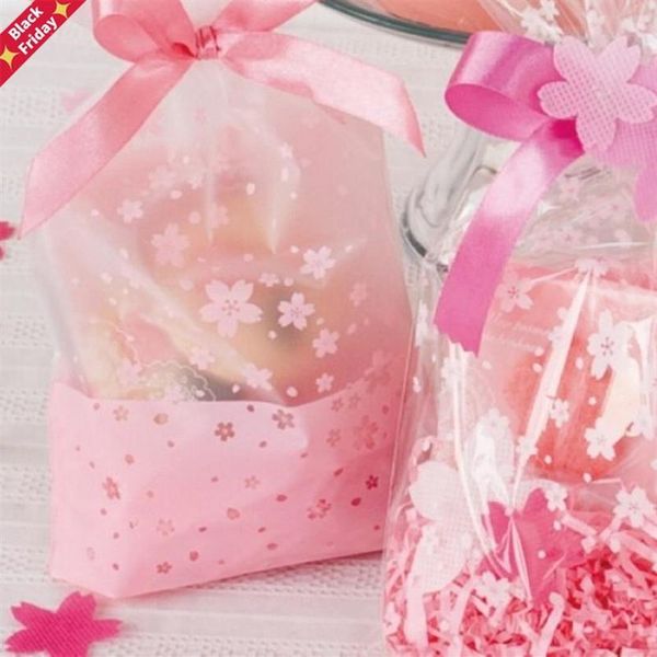 100 pz 16x26 cm Rosa Fiore di Ciliegio Stampa Sacchetti di Imballaggio Regalo Trasparente Sacchetto di Plastica Per Caramelle E Dolci Natale Wrap292N