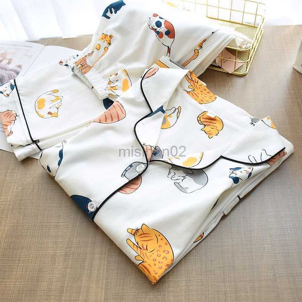 Pigiama da donna in cotone Sleep Lounge da donna 2023 Cute Cat Print Cartoon Home Clothes 2Pcs Set Top donna + pantaloni Camicie da notte Pijama Suit HKD230727