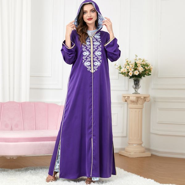 QNPQYX Nuovo Ramadan Abito Musulmano Viola per Donna Arabo Femme Abaya Felpa con Cappuccio Islamico Jalabiya Abbigliamento Marocchino Turchia Abito Caftano Marocchino