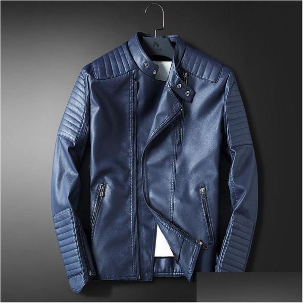 Couro masculino Faux Wholesale- Ledingsen Mens Blue Motorcycle Jacket Men Slim Fit Red Casual Coat Autumn Winter Clothing Drop Deliv Dhldn