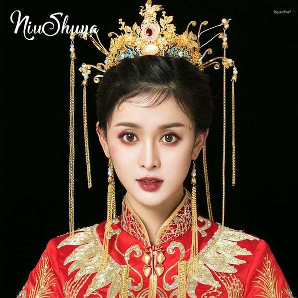 Haarspangen NiuShuya Luxus-Hochzeitsbraut Chinesisches traditionelles Zubehör Kopfschmuck Tiara Runde Krone Schmuck Ornament