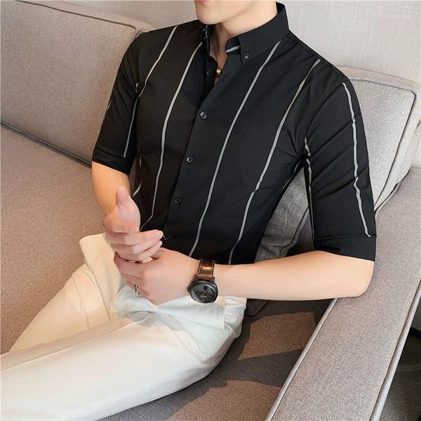 Camisas sociais masculinas plus size 5XL-M preto/branco verão negócios fino meia manga masculino 2023 moda listrado casual camisa social social smoking smoking