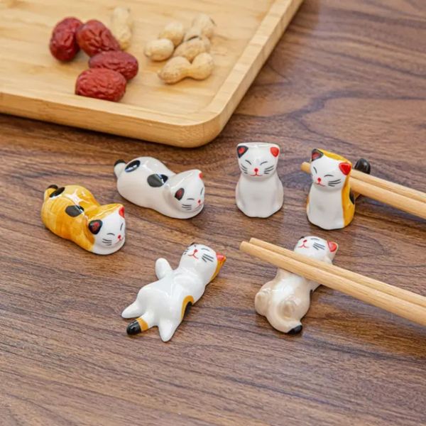 Suporte para pauzinhos de cerâmica de gato fofo Suporte de design fino Rack de pauzinhos Travesseiro Descanso para utensílios de mesa de cozinha estilo japonês G0727