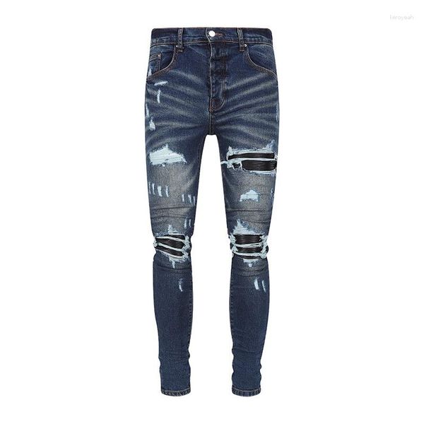 Calça Jeans Masculina Moda Rua Principal Com Buraco Couro Preto Remendado Azul Escuro Ajuste Justo Rasgado Para Hip Hop Calça Jeans