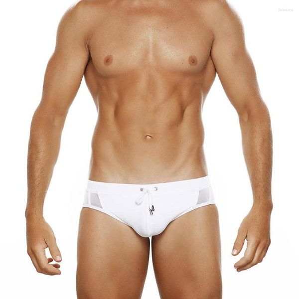 Calção de banho masculino de verão sexy branco puro malha lateral com costura translúcida praia triângulo calça casual