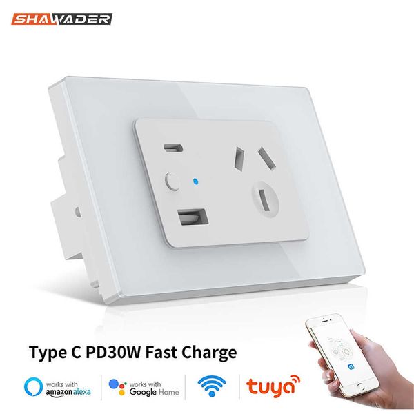 Akıllı Güç Fişleri WiFi Akıllı Tuka Argentina Avustralya Güç Duvar Soketi USB Tip C PD 30W iPhone AU Fiş Çıkış Cam Paneli Alexa Home HKD230727