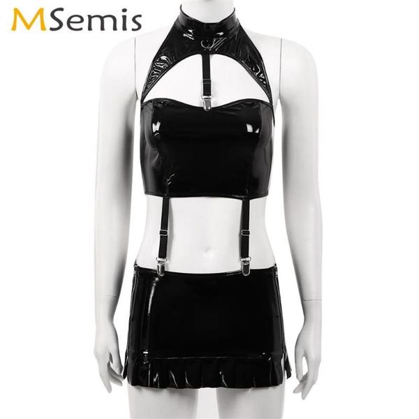 Damenhöschen Frauen Erotischer Latex-Minirock mit Neckholder-Ausschnitt Crop Top Clubwear Rave Lackleder-Outfit Sexy Wet Look B208p