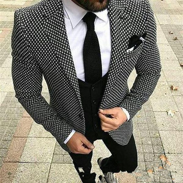 Tailor Made a scacchi Nero Bianco Abiti da uomo Slim Fit Formal Groom Prom Blazer 3 pezzi Tuxedo Matrimonio Giacca Pant Vest249V