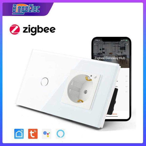 Plugues de alimentação inteligentes BINGOELEC Interruptor de toque inteligente ZigBee padrão da UE Tomada ZigBee Preto Branco Cinza Painel de vidro 1/2/3 Grupo Interruptores de luz de parede de 1 via HKD230727