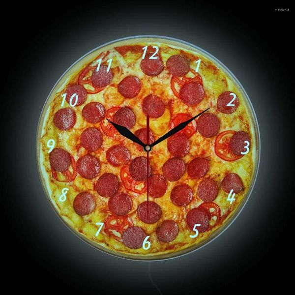 Wanduhren Italienische Pepperoni Pizza LED Nachtlicht Uhr Esszimmer Dekor Pizzeria Pasta Design Neon Licht Zeichen Uhr Chef Geschenk