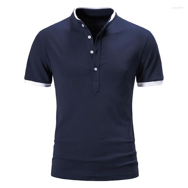 Polo Masculino 2023 Moda Verão Bonita Camisa Polo Gola Mandarim Ajuste Justo Botão Sólido Respirável Roupas Casuais