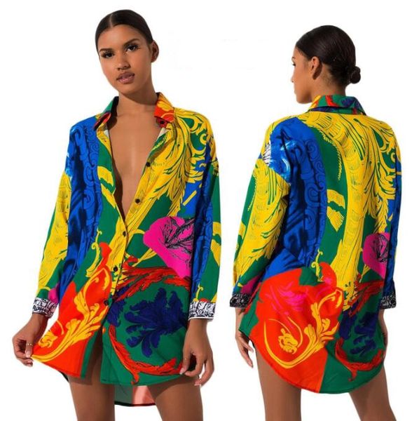 2023 neue Mode Frauen Hemd Kleid Langarm Vestidos Designer Kleider Bunte Gemalt Ein Stück Großhandel Kleidung