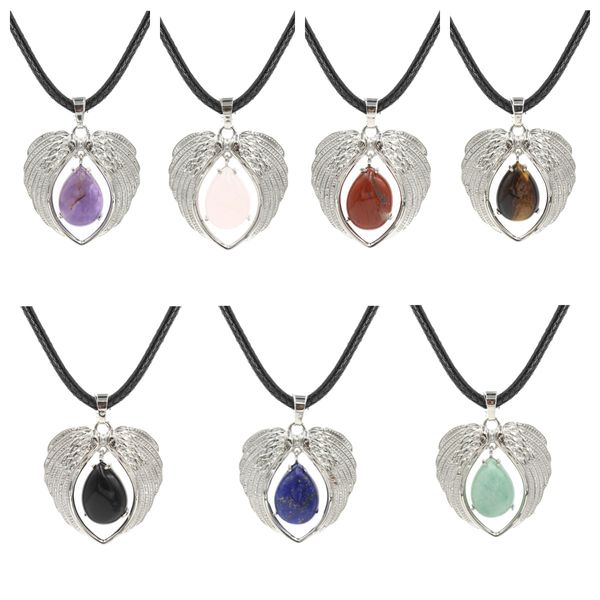 Collana con ciondolo in pietra preziosa con cuore in lega d'argento, ali ad angolo, girocollo in pietra a goccia, gioielli in cristallo chakra curativo