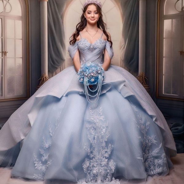 Haute Couture Sky Blue Quinceanera платье спагетти ремешок принцесса аппликация подарка на день рождения подарок длинная пухлая юбка