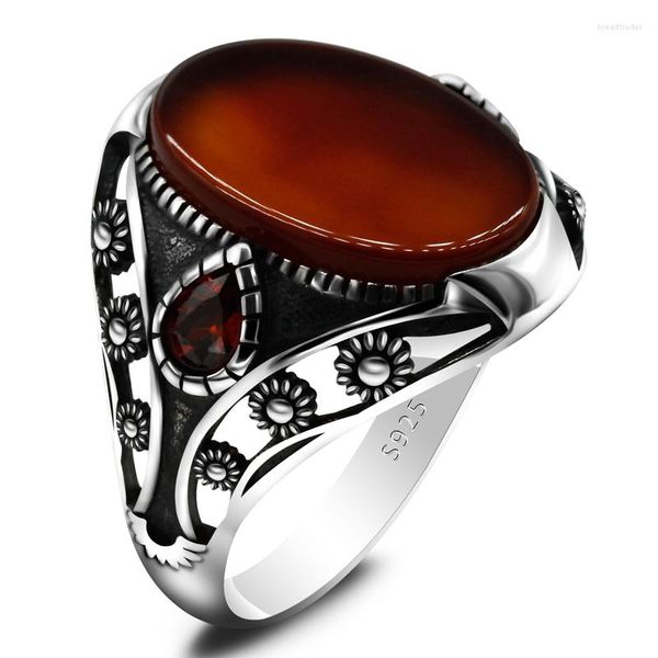 Cluster Ringe Natürlicher Achat Stein Ring für Männer 925 Sterling Silber mit rotem CZ Thai Einzigartiges Design Männliche Frauen Türkischer Schmuck