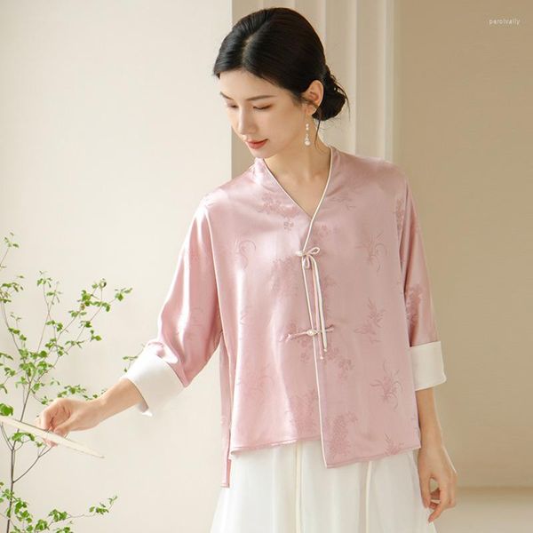 Abbigliamento etnico Abbigliamento in stile cinese per le donne Cheongsam tradizionale Top Vintage Zen Hanfu Qipao Camicetta rosa Camicia Tang Giacche Cappotto