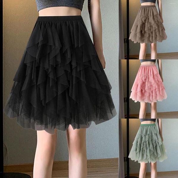 Saias Femininas Tutu Tule Longo Feminino 2023 Outono Coreano Sólido Linha A Cintura Alta Malha Saia Maxi em Camadas Feminino Faldas Estética