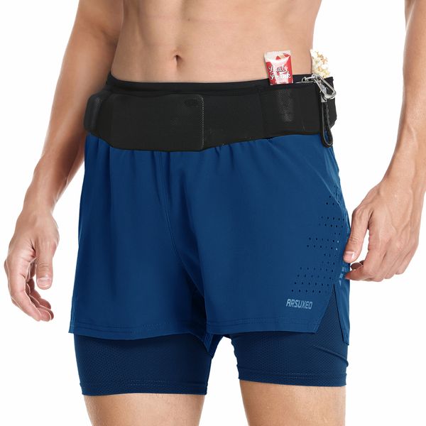 ARSUXEO Shorts masculinos de corrida em trilhas, 2 em 1, bolsos envolventes, treino, academia, jogging, shorts atléticos B233