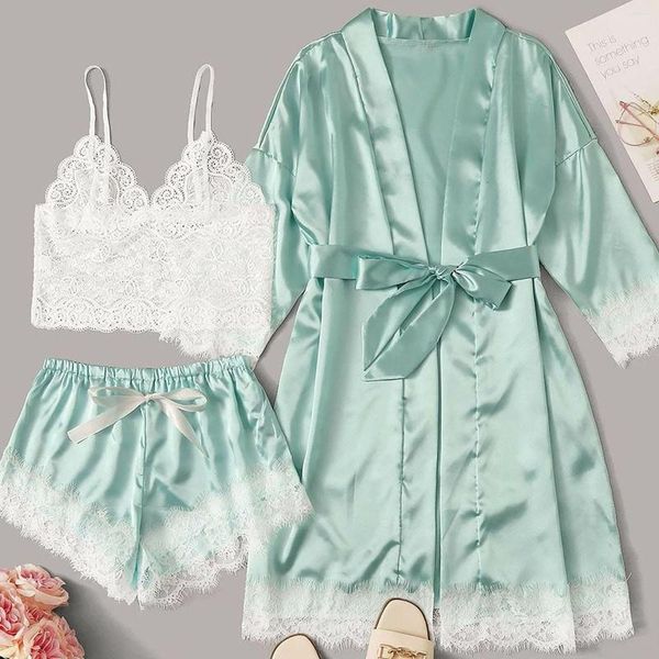 Mulheres sleepwear seda suspender pijama vestido e 3 peças conjunto moda mulheres sexy garter lingerie robes lace bodysuit